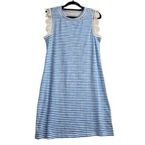 Lilly Pulitzer Blue White Stripe Dress XS Cotton Lace Trim Coastal Resortwear